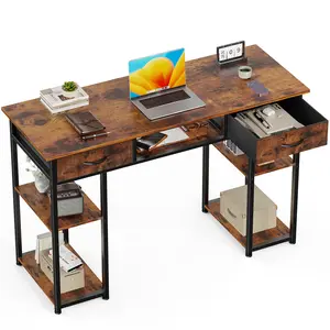 Computer Desk with 2/3 Drawers 32/48 Inch Small Home Office Bedroom Writing Study PC Tabke with Storage Space Fabric Side Bag Headphone Hook Metal Frame Adjustable Feet Modern Simple Style