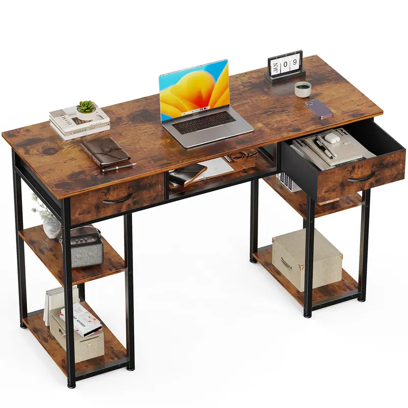 Durable Modern Simple Computer Desk (32"x15.7"x30.6"/47.24"x15.75"x30.6" Sizes, 2/3 Drawers), Wooden Tabletop, Metal Frame, Adjustable Feet, Fabric Side Bag, Headphone Hook, Large Surface, Storage, Assembly Required - Home Office Work, Vanity Solution