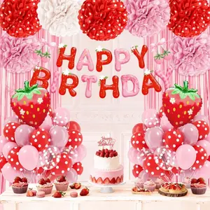 Strawberry-Themed Party Set Paper Pom Poms, Balloons, Banner & Fringe Curtain for Baby Shower or Birthday