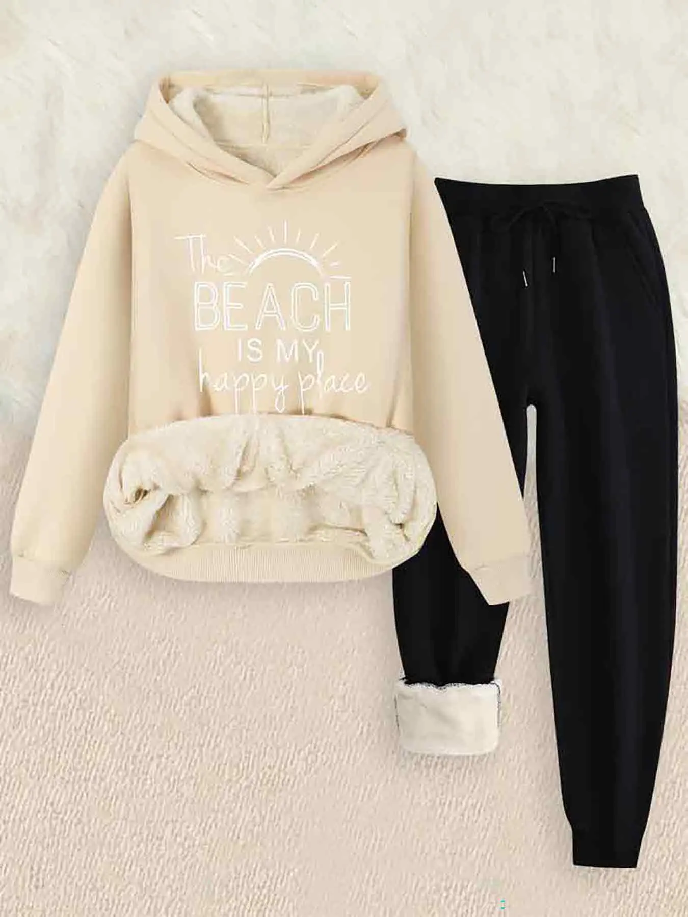 Women's Hooded Sweatshirt Set, Long Sleeve, Casual Loose-Fit Thick Fabric, Fall & Winter, Beach Letter Print Design, Two-Piece Set