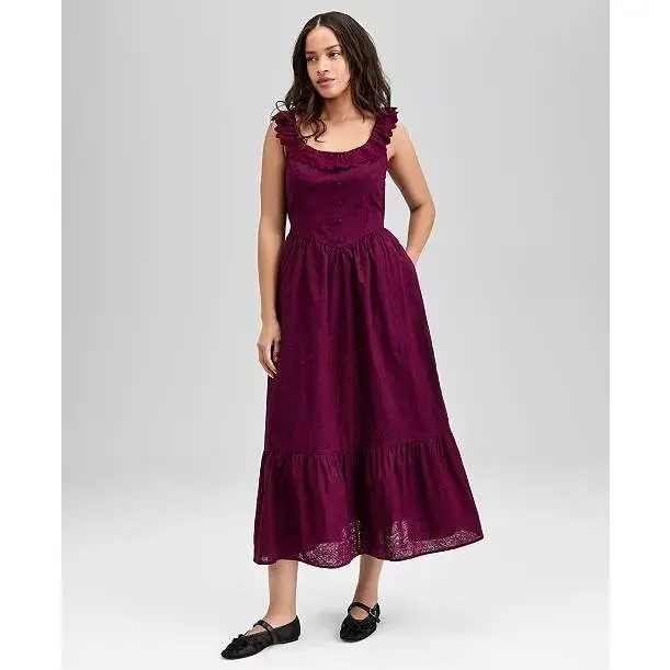 And Now This Women's Petite Solid Burgundy Ruffled Burnout Cotton Maxi Dress - Flowy Sleeveless Off Shoulder, Lightweight Casual Summer Clothes, 1-piece, Fast U.S. Shipping, One Piece, Long Maxi