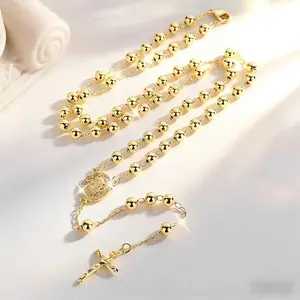 Fashion Hollow Our Lady of Guadalupe Pendant Rosary Necklace, 14K Gold-Plated 6mm Round Bead Chain, Sacred Religious Jewelry for Daily Prayer & Holiday Gifts