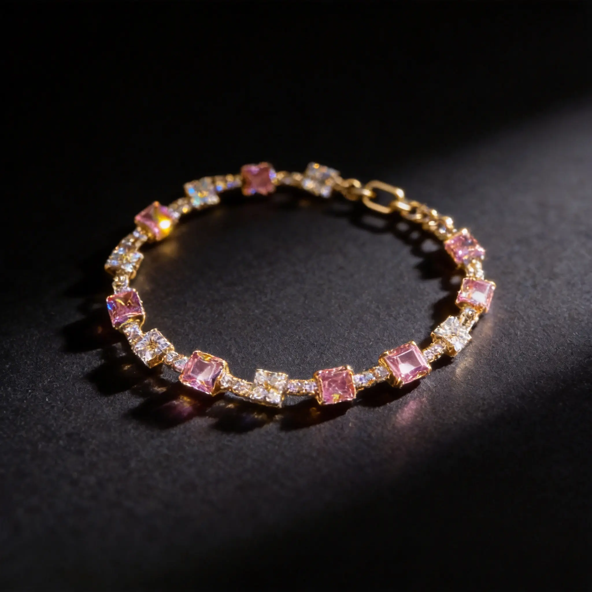 Princess Cut Pink CZ Link Bracelet, Elegant Gold Tone Adjustable Jewelry for Women, Hypoallergenic for Daily Wear, Casual, Copper, Cubic Zirconia