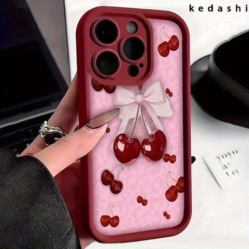 Cherry & Blush Pink Bow Pattern Soft Silicone TPU Smartphone Casing - Non-Slip, Anti-Yellowing, Durable, Shockproof, Precise Fit for iPhone 16,16e,17 Pro Max,15,14 Plus,13,12 Mini,11,Air,XR,X,XS - Rugged Camera Protection, Gift Option Accessory