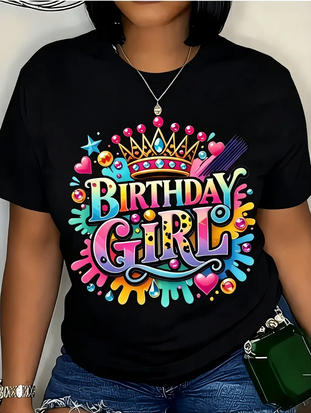 Birthday Girl T-Shirt with Colorful Crown and Hearts Design for Celebrations