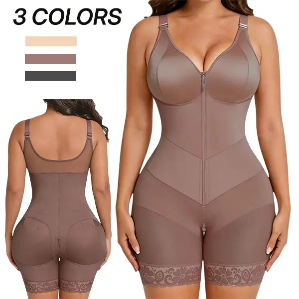 Women’s adjustable-strap zip-front shapewear bodysuit with lace-trim waist-cinching shorts that lift the hips