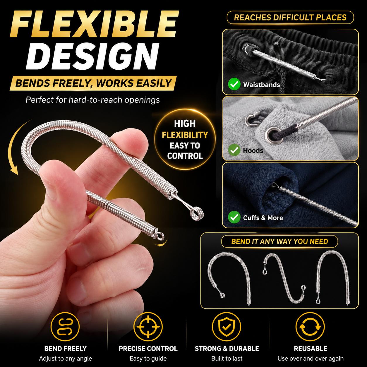 2PCS Bendable Threading Tool for Drawstrings, Elastic Bands & Shoelaces, Flexible Clothing Repair Tool