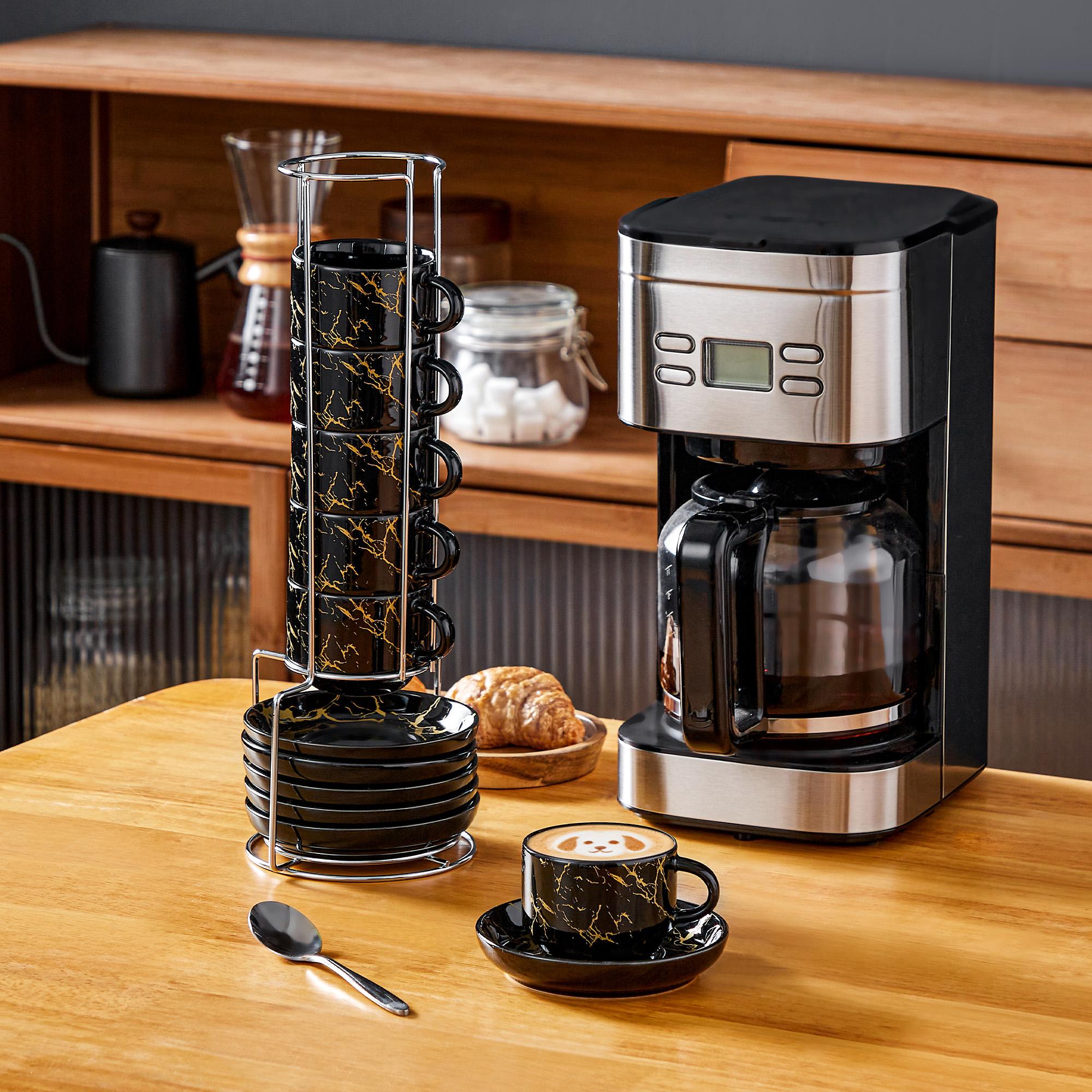 MALACASA 3/5/9 OZ Porcelain Espresso Cups (includes saucers and metal cup holder) 6-Piece Set, Stackable Cappuccino Cups, Coffee Cups, and Tea Cups, Marble-Patterned Espresso Cup Set, Perfect for Espresso, Lattes, and Tea