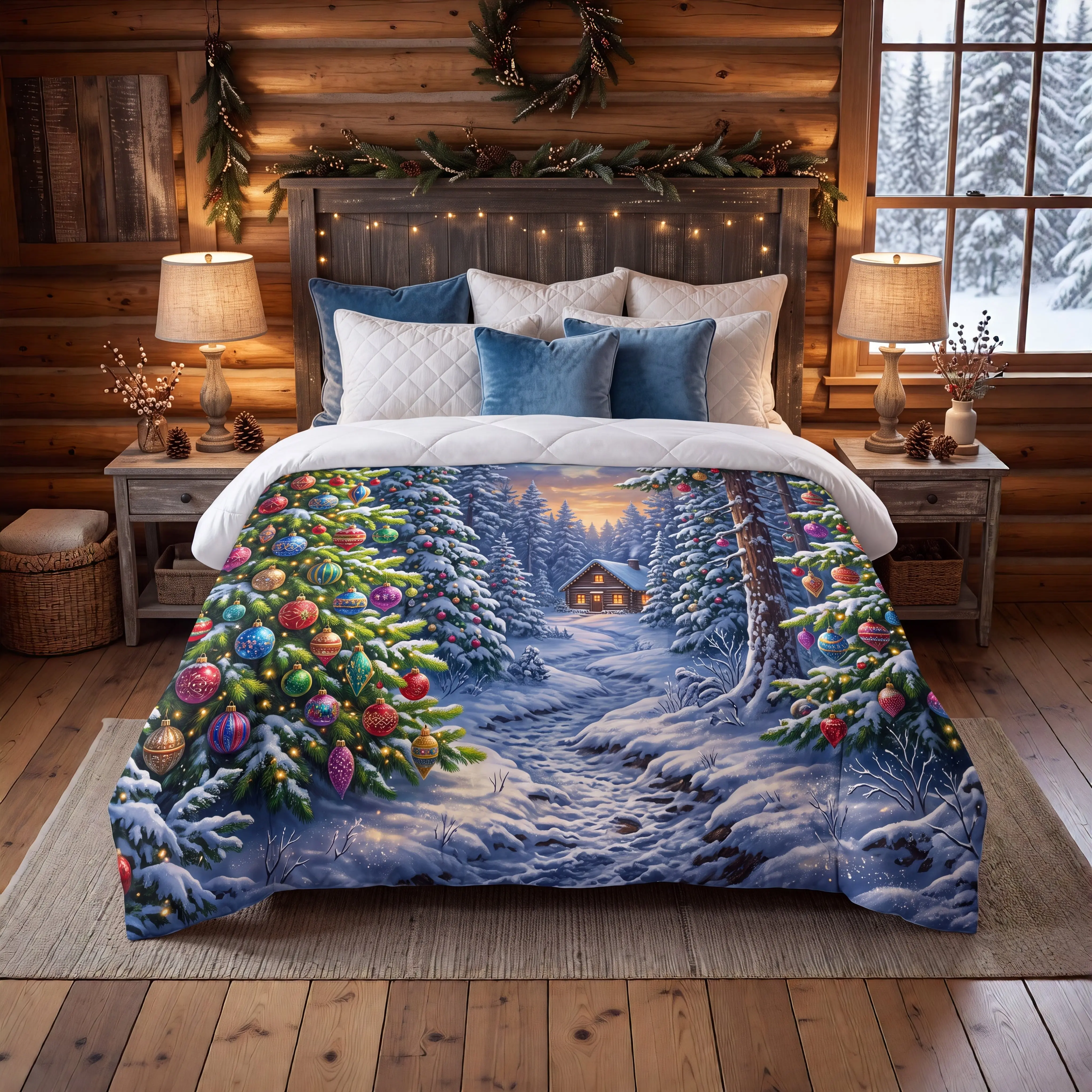 Snowy Christmas Forest Scene Comforter - 1-Piece Bedding with Colorful Ornaments, Glowing Lights, Cabin Design for Multi-Size Holiday Beds