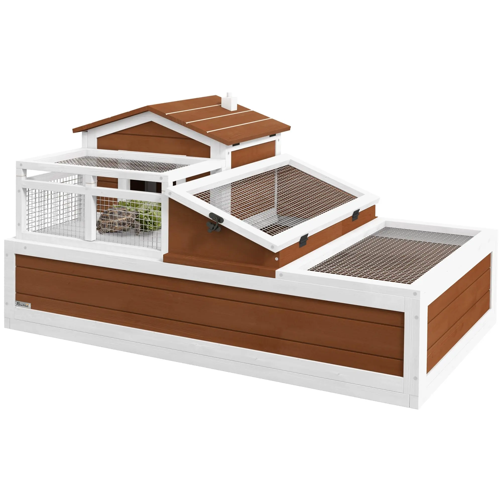 Wooden Tortoise House Habitat - 2-Story 3-Room Indoor/Outdoor Enclosure with Balcony, Ladder, Tray, Openable Roof, 1 ft² Sleep Nook, 7 ft² Roam Space, 44"x25.5"x23" Large Reptile Cage