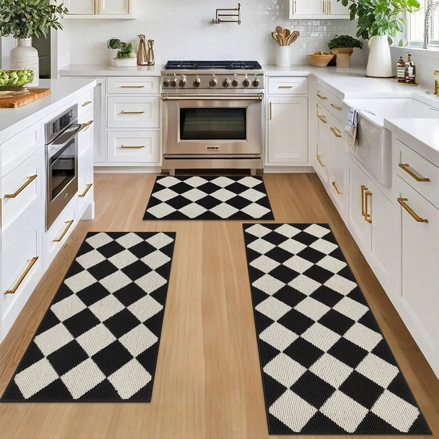 [Back to School] HEBE 3-Piece Washable Kitchen Mat Set with Red Non-Slip Rubber Backing, Including Kitchen Runner Rug, Ideal for Winter Holiday Home Decor, Laundry Room Use,back to school,dorm essentials,home essentials