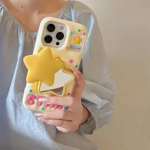 For iPhone 11 12 13 14 15 16 16e 17 Pro Max Funny 3D Star Telescopic Bracket Mirror Case Soft Silicone Stand Holder Cover