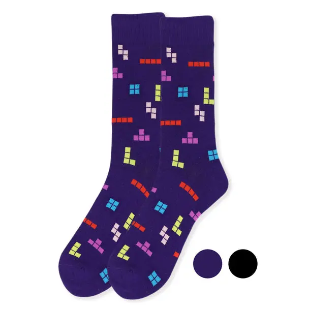 Men's Tetris Novelty Socks, Fun Video Game Pattern Menswear, Soft and Comfortable Cotton Blend Crew Socks, Fun Socks