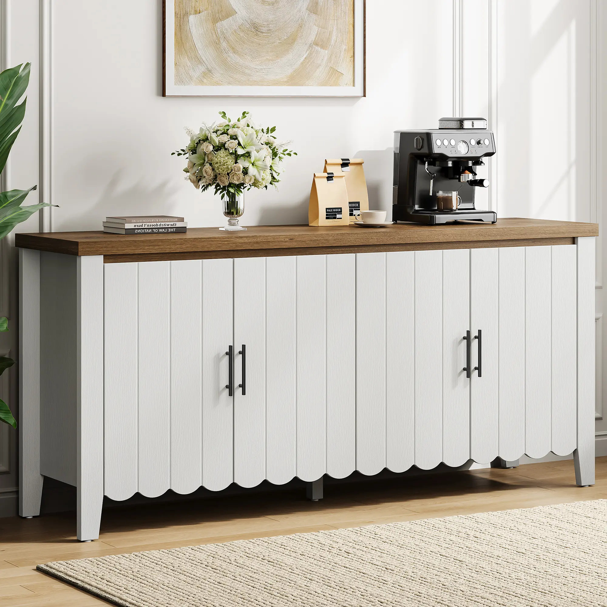 【SummerFinds】ONBRILL 63-Inch Chic Farmhouse Cabinet Sideboards - Sturdy Engineered Wood Freestanding Cupboard, Arched Modern Storage Cabinet, Space-Saving with Adjustable Shelves, 4 Wave Panel Doors, Easy-Install for Living Room, Kitchen