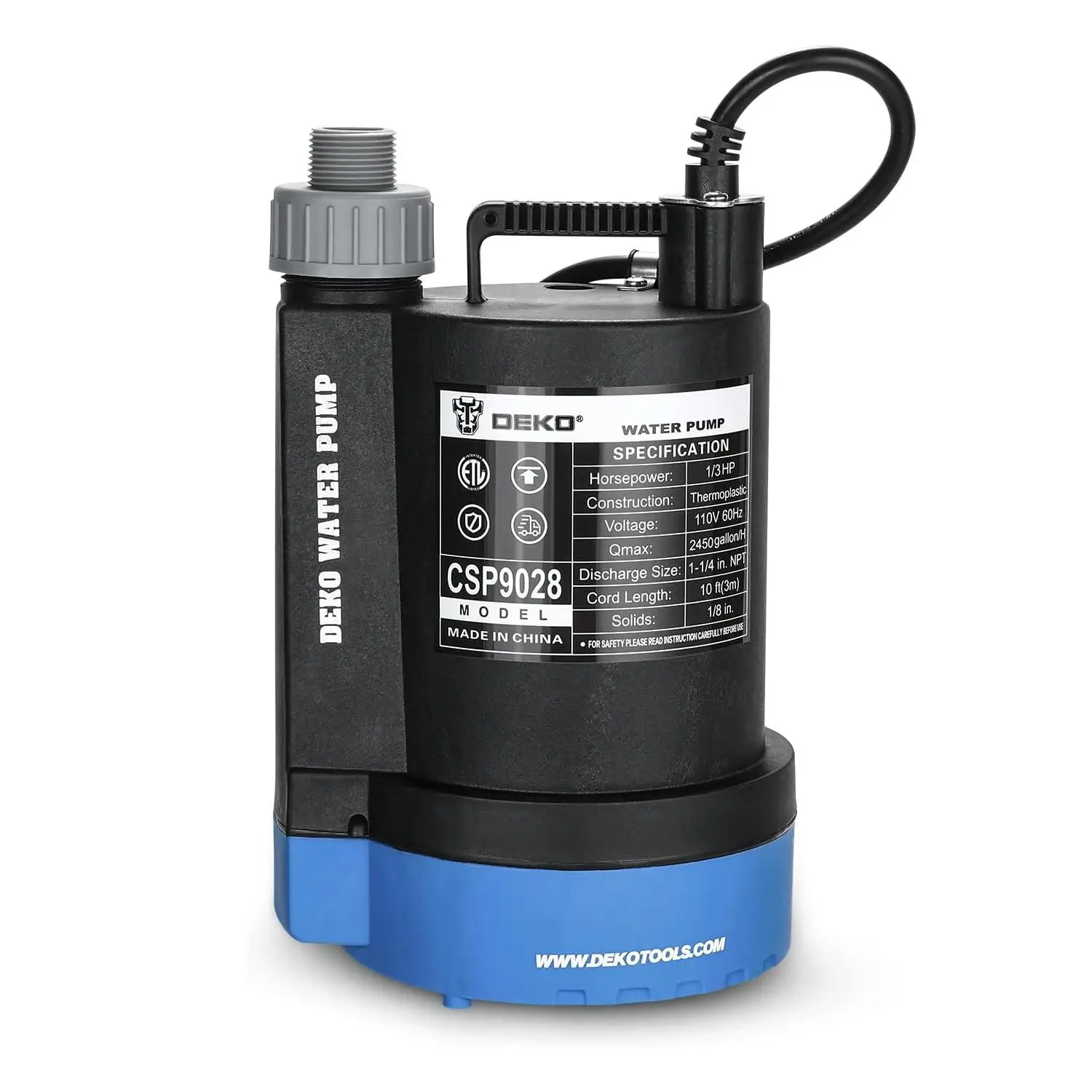 DEKO CSP9028 1/3 HP 2450GPH Submersible Water Pump, 1 Count Portable Heavy Duty Transfer Water Pump with 10-Foot Cord, Utility Pump for Pool Tub Garde