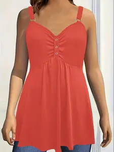 Women's New Solid Color V-Neck Sleeveless Vest Top, Ruched, Pleated Chest Design, Casual Loose-Fitting Summer Wear, Daily Fashion