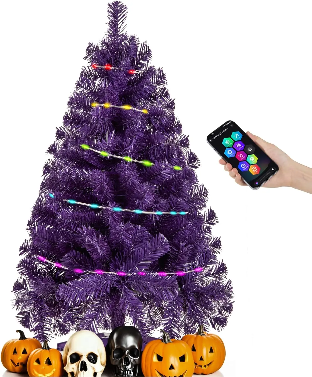 3Ft Halloween Christmas Tree, 36Inch Artificial Tree Mini Table Top Decorations, Xmas Desk Small Tree with 80 Smart Lights, 200 Branch, Holiday Decor for Home Indoor Office Tabletop Party (Purple) ELAMAS