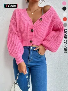 Women's Plain Bishop Sleeve Button Front Cardigan, Casual Long Sleeve V Neck Basic Knitwear for Fall & Winter, Fashion Women's Knit Clothing for Daily Wear