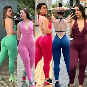 Active open back sports jumpsuit