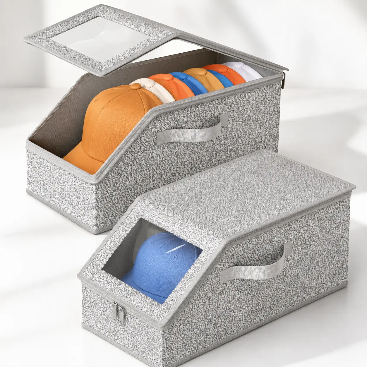 1pcs Classic Woven Fabric Trapezoid Hat Storage Box - Waterproof, Durable Collapsible Cardboard, Dustproof, Closet Space-Saving Wardrobe Organizer, Zipper Lid, Window-Equipped, Holds Up to 24 Hats, Reusable Father's Day Gift, Fits Up To 10+ Hats