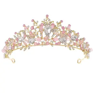 Pink Crystal Tiara Girls Princess Costume Rhinestone Crown Headband Wedding Bridal Hair Accessories Birthday Communion Pageant Prom Halloween Christmas Cake Topper Dress Up Gift Styling Accessory Quinceanera Crown
