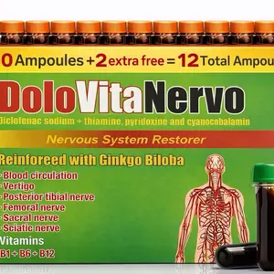 Dolo Vita Nervo Complex B B12 Antioxidant Supplement with Ginkgo Biloba & Curcuma - 12 Ampules for Nervous System Health & Blood Circulation Sciatica nerve system , sacral nerve vertigo