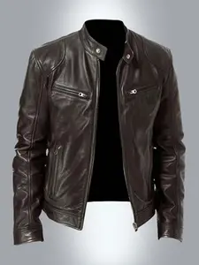Men's Plain Outdoor Windproof Fashion PU Jacket, Casual Long Sleeve Outerwear, Perfect for Daily Wear and Cycling, Spring & Fall