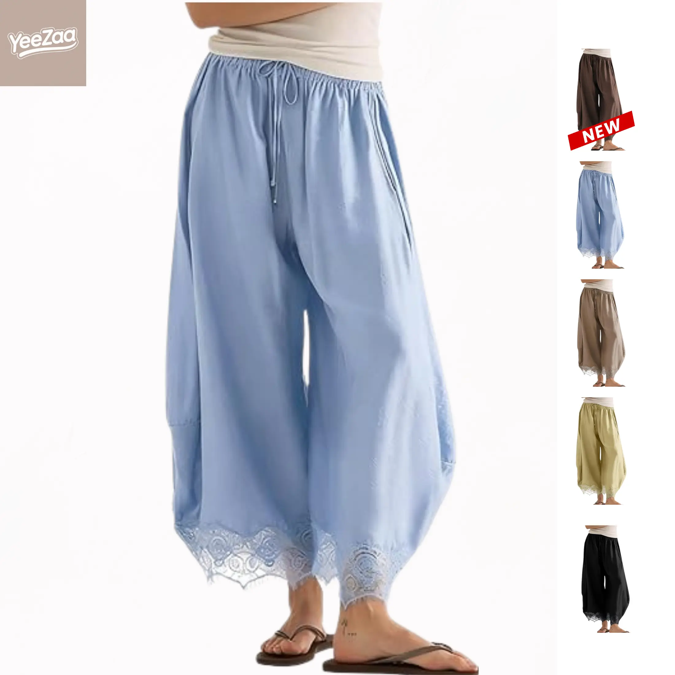 YeeZaa Lace Satin Pants Cropped Boho Beach Pant 2026 Summer Sale Fall Fashion Pants Drawstring High Waist Wide Leg Pants Summer Lightweight Lounge Trousers Casual Elastic Waisted Vacation Outfits with Pockets