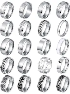 20PCS Silver Rings for Men Stainless Steel Rings Fidget Vintage Signet Ring Set Statement Signet Rings Promise Engagement Wedding Ring Gifts Jewelry 7-13