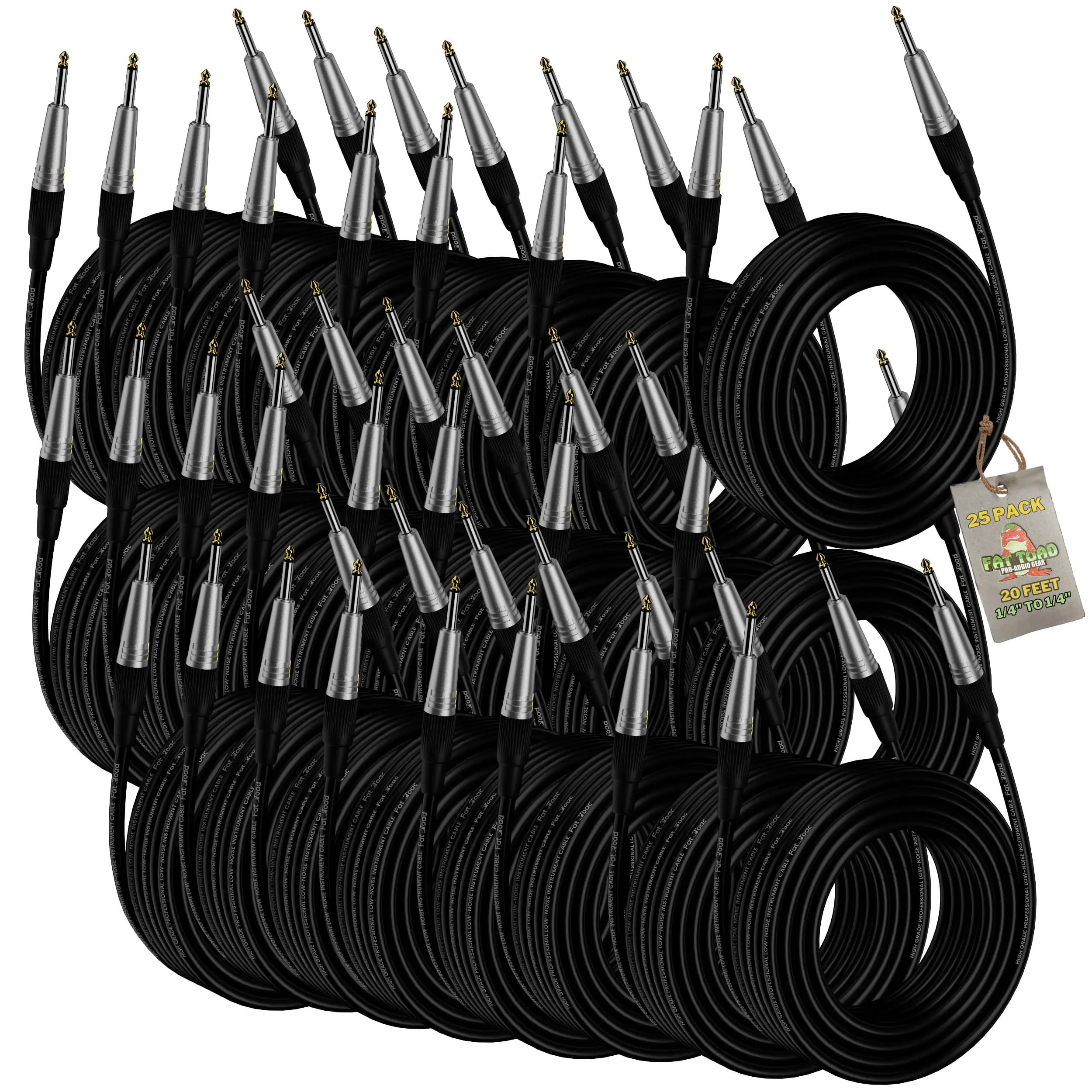24 PACK - FAT TOAD 20FT Guitar Cords Instrument Cables | 24 AWG Patch Conductor for Electric Guitar, Bass, Amplifier, Speaker, Keyboard & Recording Studio | Shielded 1/4 Inch Gold Straight-End Wires
