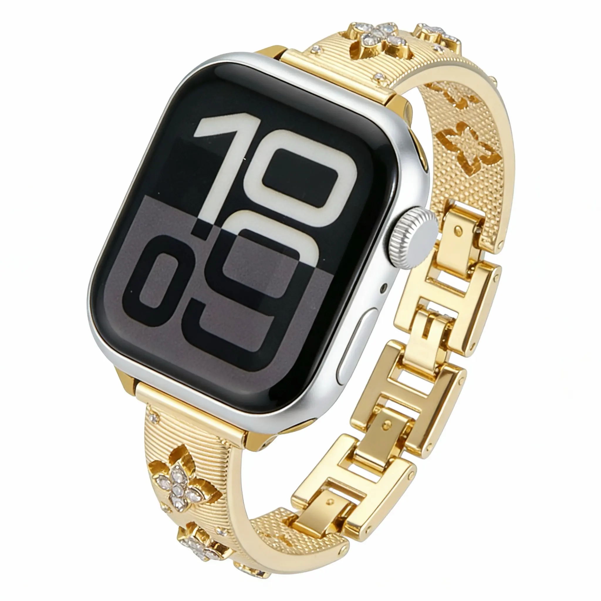 Firsting Gold Apple Watch Band for Women - 316L Stainless Steel Four Leaf Clover Bling Rhinestone Jewelry Bracelet, Fits iWatch Series 1-11 SE Ultra 38mm-49mm