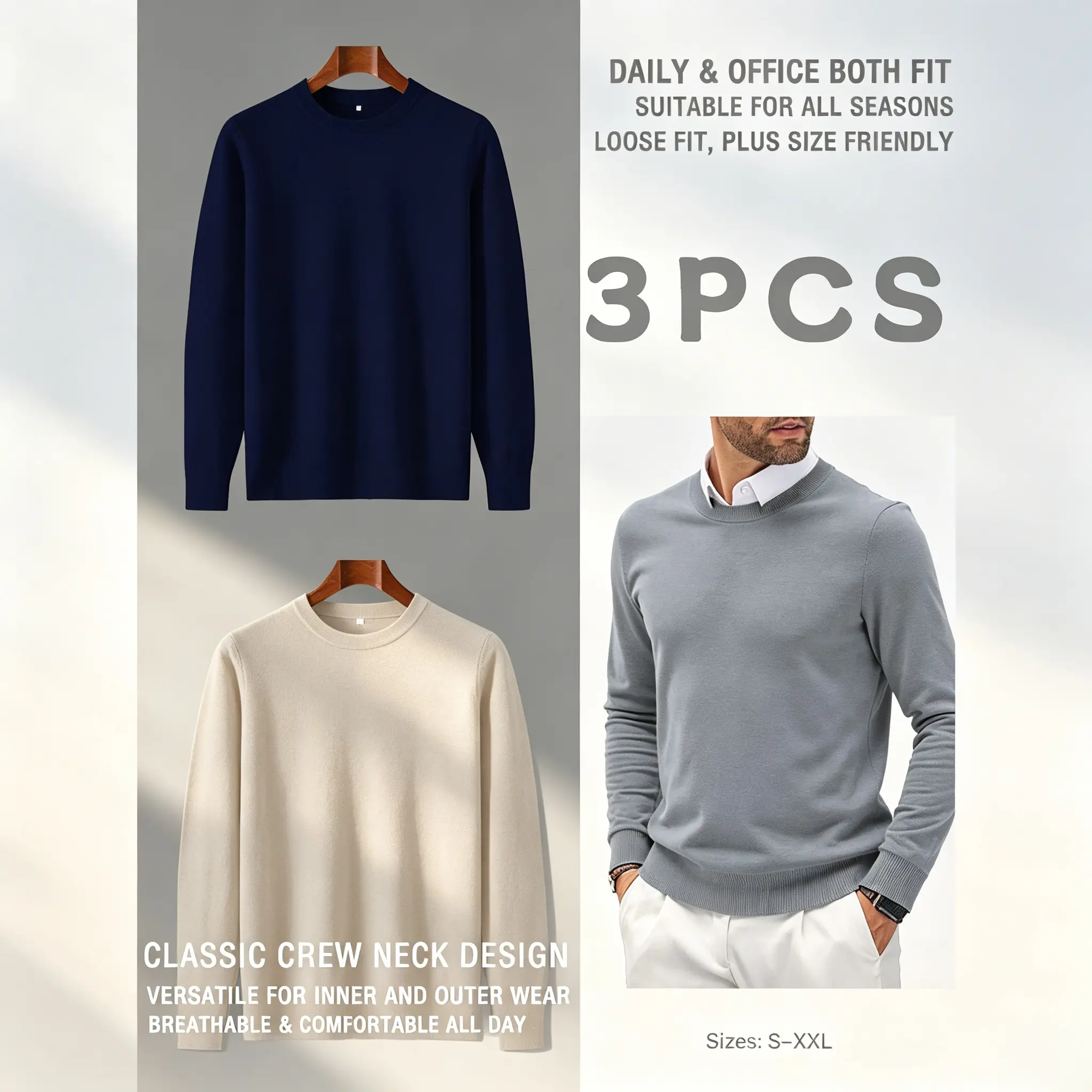 Men's 3 Pack Crew Neck Knitted Jumper, Long Sleeve Solid Colour Pullover, Office Business Casual Knit Layering Tops S-XXL