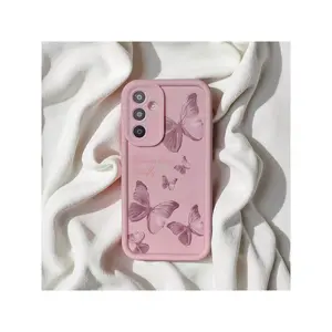 1pc Pastel Pink Butterfly & English Text Cute Cartoon Creative Minimalist Aesthetic Soft Phone Case, Matte Pink Lens Frame Stepped Design Full Protection, Compatible With Galaxy Realme Waterproof Shockproof Anti-Fall Scratch Resistant