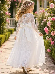Girls Flower Girl Dress Lace Long Sleeve Open Back Bow Back Wedding Dress Fully Lined Communion Dress for Girls 2-13 Years