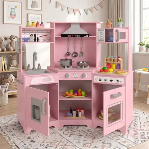 Kids Play Kitchen Set - Corner Wooden Pretend Toddler Kitchen Toys Playset with Realistic Lights & Sounds Microwave Oven Water Dispenser Phone Sink Cooking Accessories for Toddlers Ages 3+