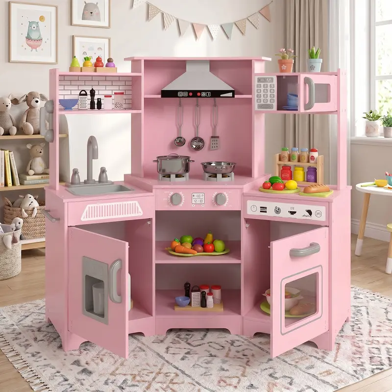 Kids Play Kitchen Set - Corner Wooden Pretend Toddler Kitchen Toys Playset with Realistic Lights & Sounds Microwave Oven Water Dispenser Phone Sink Cooking Accessories for Toddlers Ages 3+