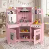 Kids Play Kitchen Set - Corner Wooden Pretend Toddler Kitchen Toys Playset with Realistic Lights & Sounds Microwave Oven Water Dispenser Phone Sink Cooking Accessories for Toddlers Ages 3+