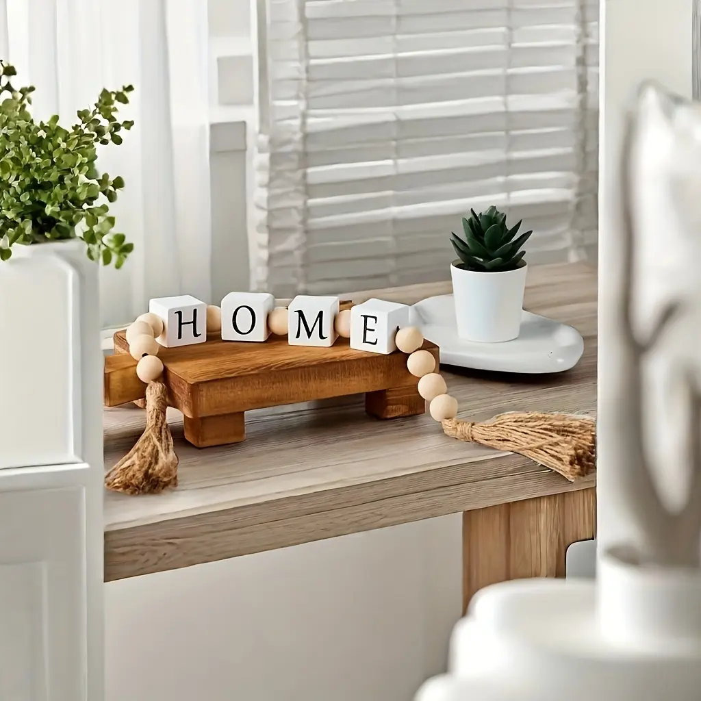 Wooden Home Sign with Tassel, Wooden Letter Sign, Boho Style Wooden Bead Garland with Tassel, Home Decor for Living Room Bedroom Coffee Table Shelf Display, Home Decor Products