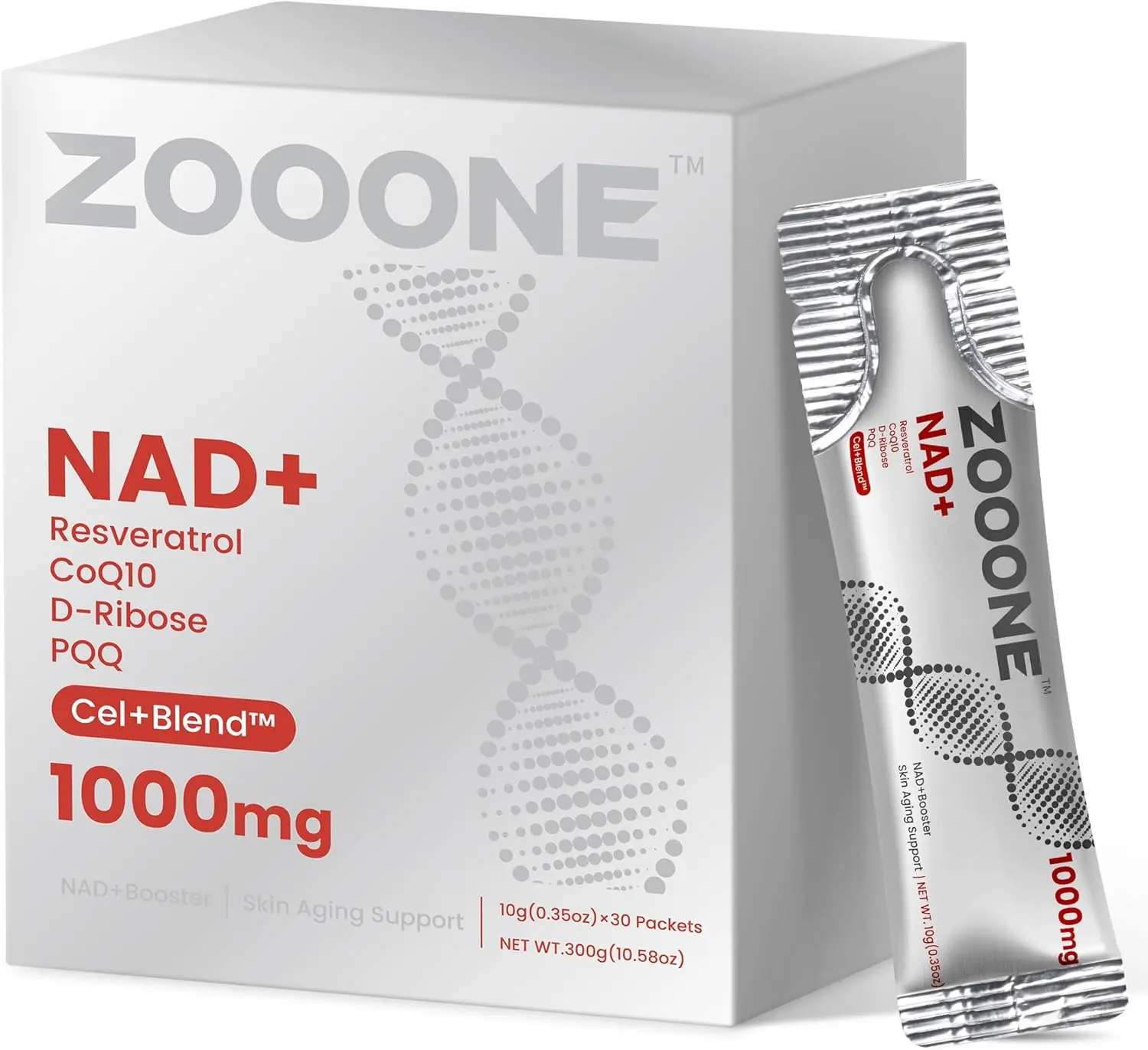 zooone NAD+ Liquid Packets 1000mg, NMN Supplement Alternative with Aging-Supportive Resveratrol, CoQ10, D-Ribose & PQQ for Cellular Energy, 30 On-The-Go Single Serve Packets Vitamin Fitness Edible Dietary