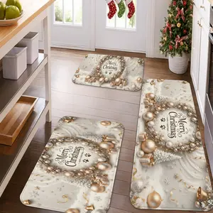 1/2/3pcs 2d flat Christmas Elegant Kitchen Mats for Floor, Gold Ornaments Vintage Soft Mats, Holiday Cushioned Comfort Washable Non Slip Decor Rugs For Kitchen Sinks Laundryroom Bathroom, Farmhouse Kitchen Rugs