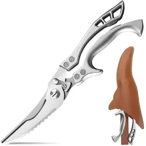 Professional Heavy Duty Poultry Shears, Full Steel Handle Multipurpose Kitchen Shears with Sheath, Spring-Loaded Stainless Steel Chef Scissors for Cutting Chicken, Bone, Meat, Fish & Food – Silver.