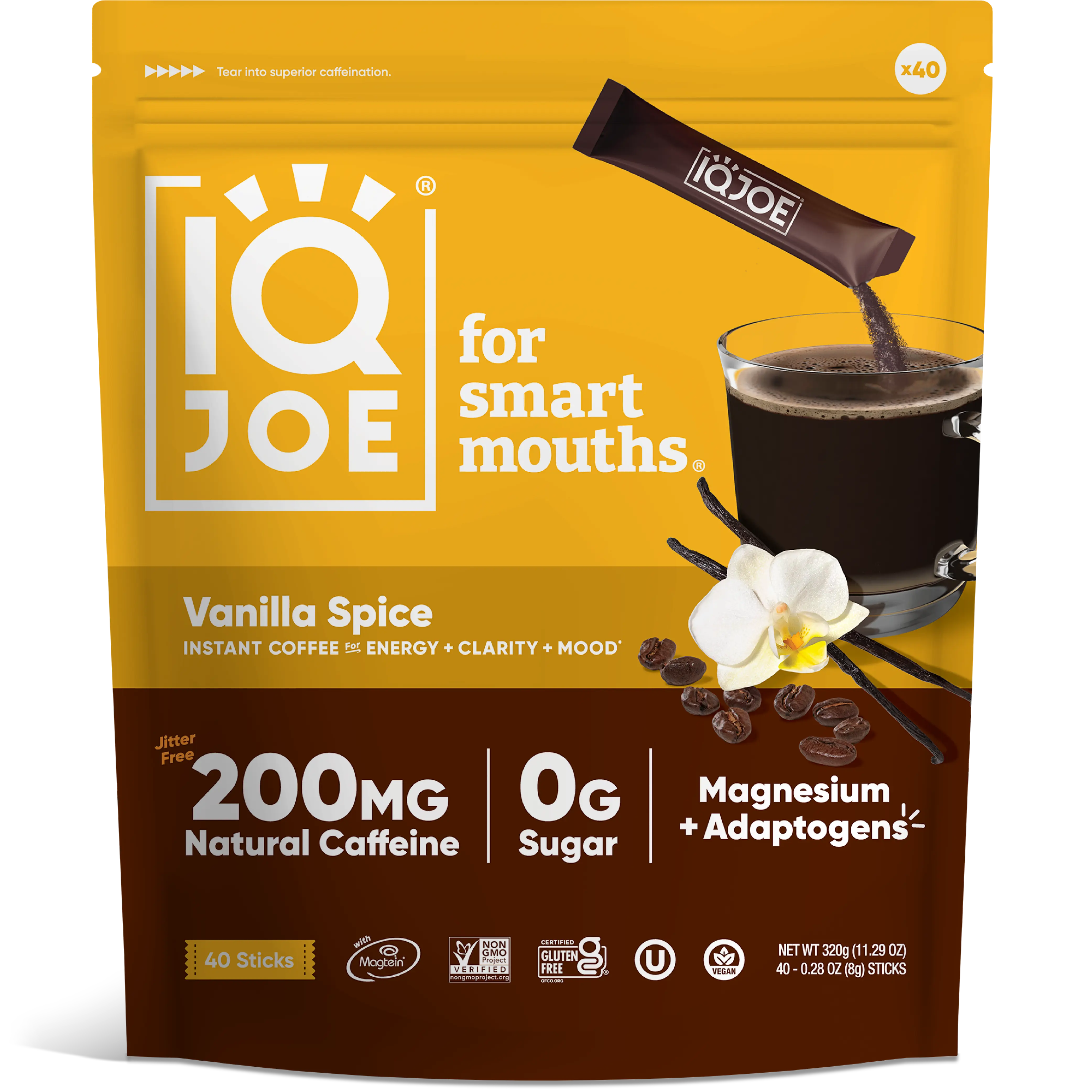 IQJOE Vanilla Spice (40 Sticks) -  Instant Mushroom Coffee Packets with Lion’s Mane - Sugar Free, Keto, Vegan Clarity and Mood Enhancing Coffee