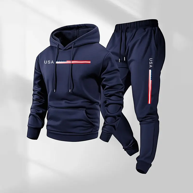 Men's 2-Piece Athleisure Style USA Letter Printed Tracksuit Sets - 100% Polyester Loose-Fit Hoodie & Drawstring Sweatpants for Fall, Winter Daily Wear, Sportswear