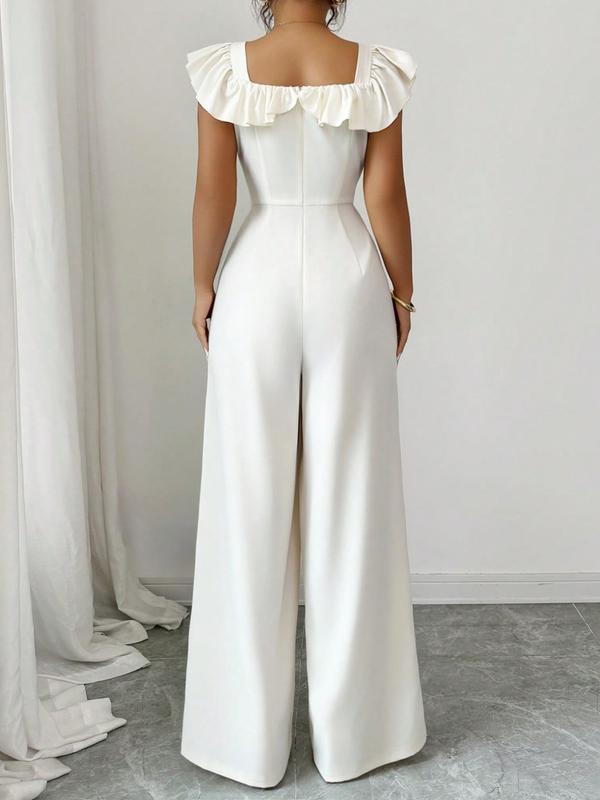 New Women's Square Neck Ruffle Mock Front Belted Button Pants, Casual Fitted Long Pants for Spring & Fall, Elegant Commuter Wear Jumpsuit