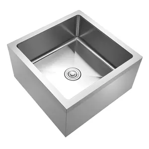 Stainless Steel Floor Mop Sink 24 X 24 X 13 Inches With Wall Mounted Bracket, Heavy Duty Commercial Cleaning Station For Sanitation Areas, Underside Drain, Mop Holder, Bracket Included, Durable Seamless Construction