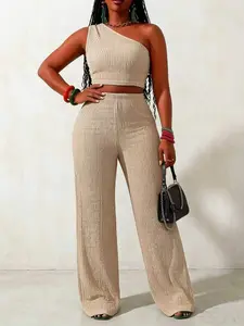 Elegant Textured Fashion One-Shoulder Top and Elastic Waist Long Pants Matching Set, Solid Color Two-Piece, Stylish and Comfortable Womenswear