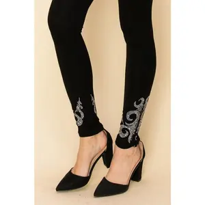Vocal Scroll Stones Embellished Leggings - Black