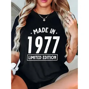 Women's Made in 1977 Limited Edition Graphic T-Shirt, Vintage 1977 Birthday Casual Tee for Women Born in 1977, Retro Distressed Print Top for Daily Wear & Anniversaries