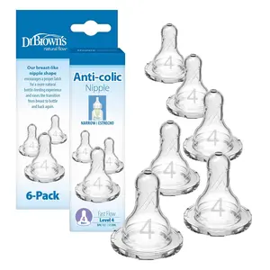 Dr. Brown's Natural Flow Level 4 Baby Bottle Silicone Nipple Fast Flow for 9m+ Babies 100% Silicone 6 Count Pack of 1 Anti-Colic Super-Soft BPA-Free