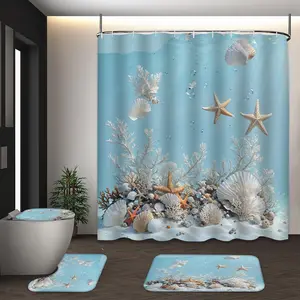 LVRLVR 4Pcs Underwater Ocean Starfish Shell Coral Print Fresh Coastal Multi-Color Shower Curtain Set 70.8×70.8 Inch